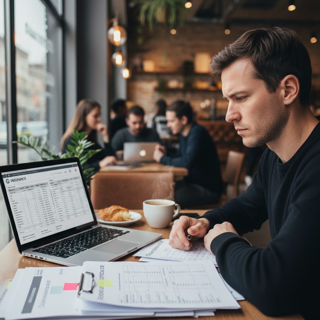 Professionnel libéral comparant les offres d'assurance emprunteur en ligne pour trouver le meilleur taux