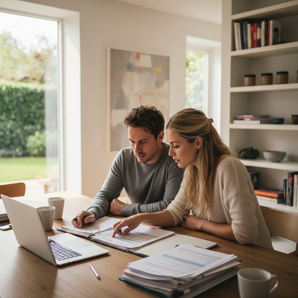 Couple analysant les options de répartition de la quotité d'assurance de prêt pour leur projet immobilier.