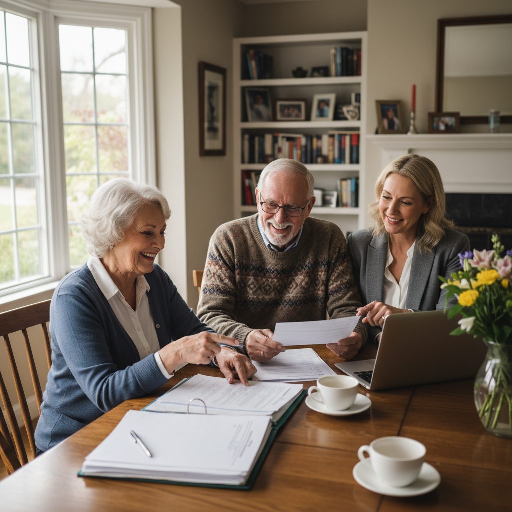 Couple de seniors étudiant une proposition d'assurance de prêt immobilier avec un conseiller.