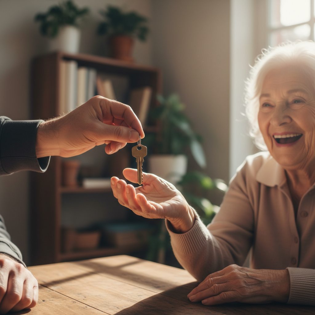 Senior recevant les clés de sa nouvelle maison grâce à une solution de financement adaptée.