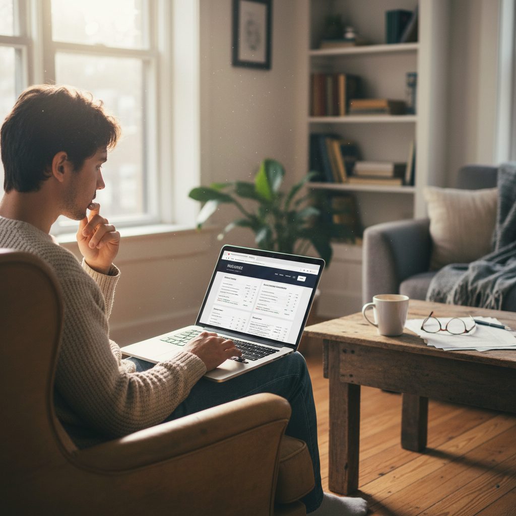 Personne utilisant un simulateur d'assurance de prêt immobilier en ligne pour comparer les offres.