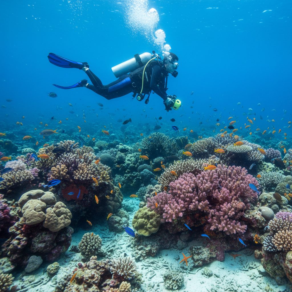 Plongeur explorant un récif corallien, illustrant le risque en assurance prêt immobilier pour la plongée sous-marine
