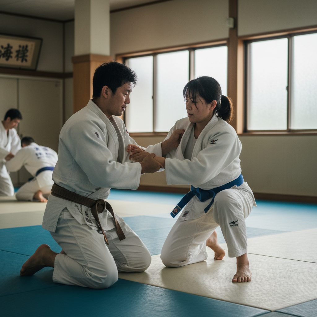 Deux personnes pratiquant un art martial dans un dojo pour illustrer l'assurance prêt sports de combat.