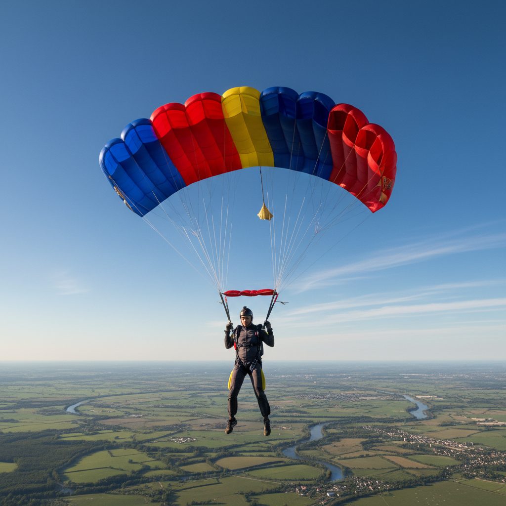 Parachutiste en plein vol, un enjeu pour l'assurance de prêt sport extrême.
