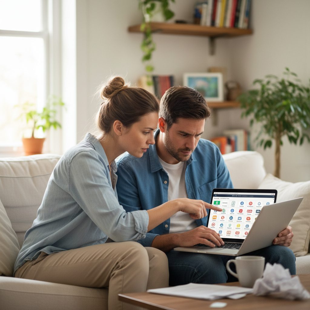 Couple comparant les offres d'assurance emprunteur en ligne pour trouver le meilleur taux.