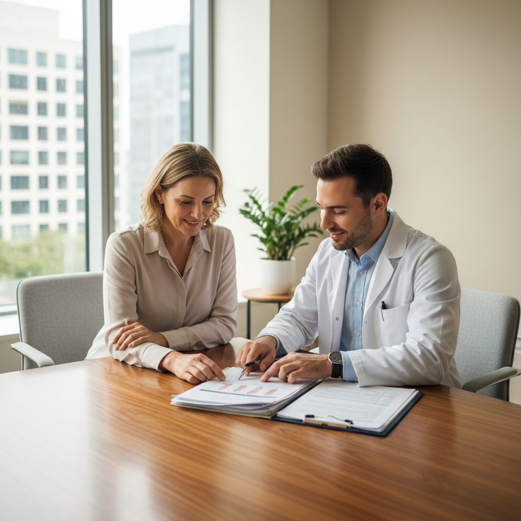 Patient discutant des démarches médicales avec son médecin pour le rachat d'exclusion dos
